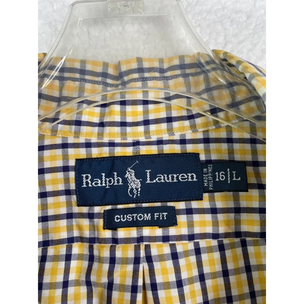 Polo Ralph Lauren Mens Custom Fit Gingham Shirt Yellow Navy Blue 16 L Long Sleev
